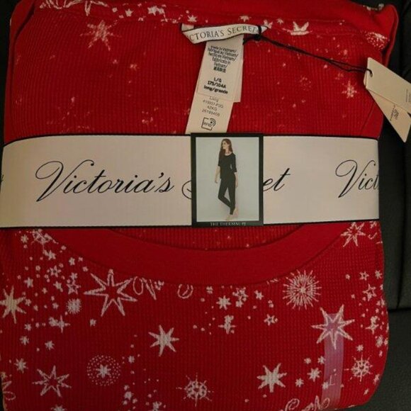 Victoria’s Secret Thermal Knit Pajama Set Large Long Red White Snow NWT - Picture 2 of 5